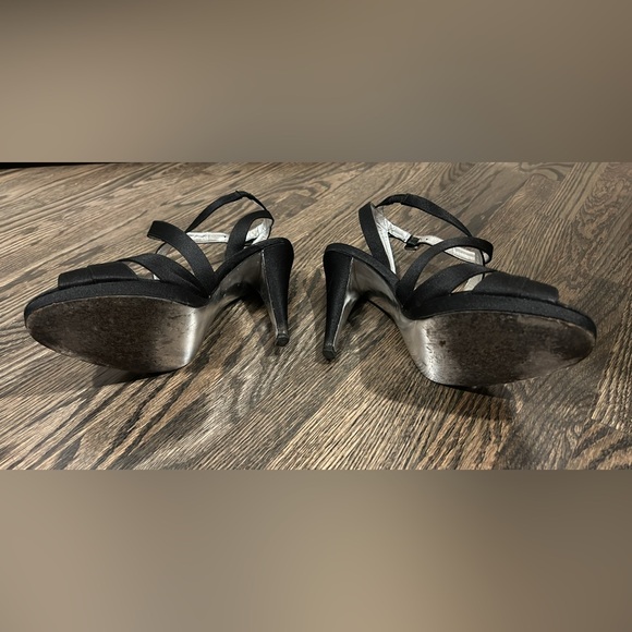 Black satin strappy sandal heels with rhinestone buckle - Picture 5 of 7